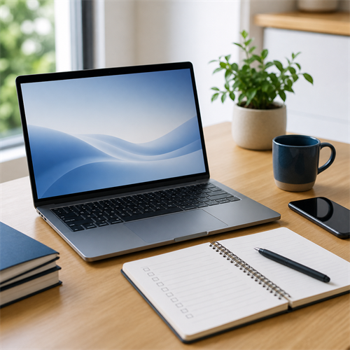 An unbranded laptop, notebook, and checklist on a clean desk for laptop buying research.