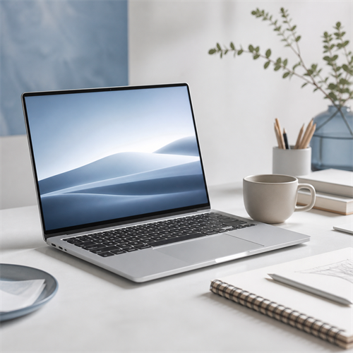 A slim silver unbranded laptop on a minimalist creative desk.