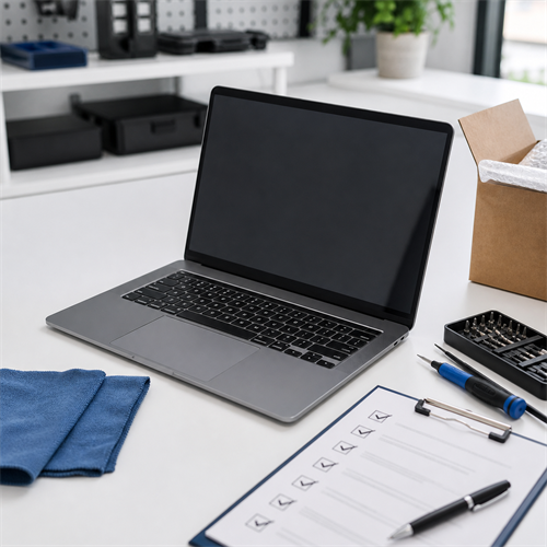 An unbranded laptop on an inspection bench with a checklist and small repair tools.