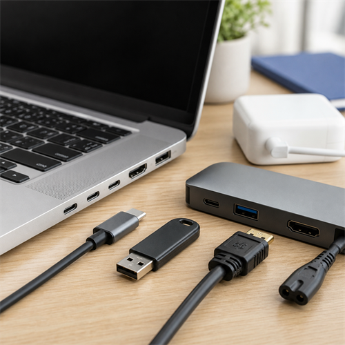An unbranded laptop edge with USB-C, USB-A, HDMI, dock, and charging cables.